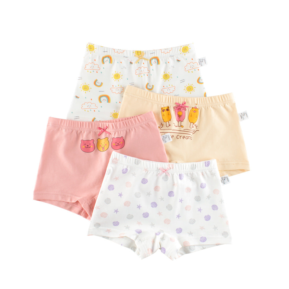 Girls’ Cartoon Printed Boxer Shorts in pink with playful patterns including polka dots, animals, and rainbows, made from breathable cotton.