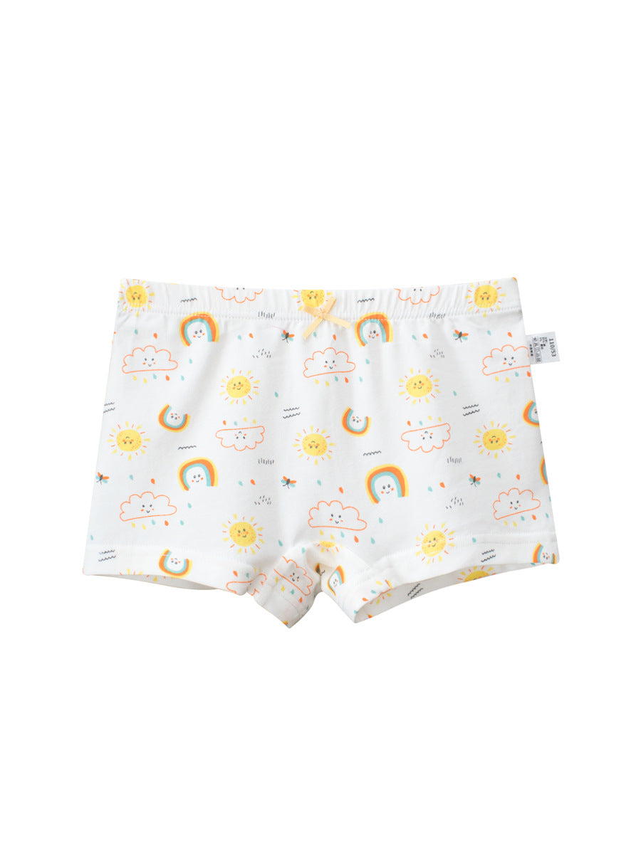 Girls’ Cartoon Printed Boxer Shorts in pink with playful patterns including polka dots, animals, and rainbows, made from breathable cotton.