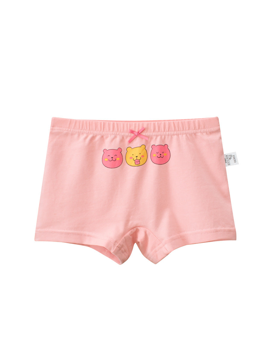 Girls’ Cartoon Printed Boxer Shorts in pink with playful patterns including polka dots, animals, and rainbows, made from breathable cotton.