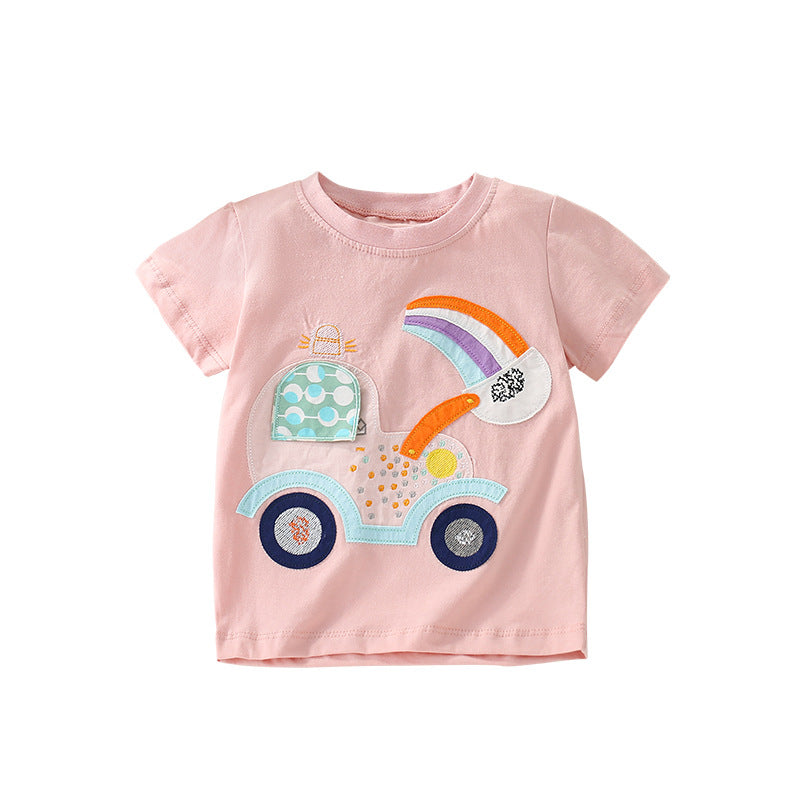 Girls’ pink short sleeve t-shirt featuring a cartoon rainbow digger pattern, perfect for summer wear.