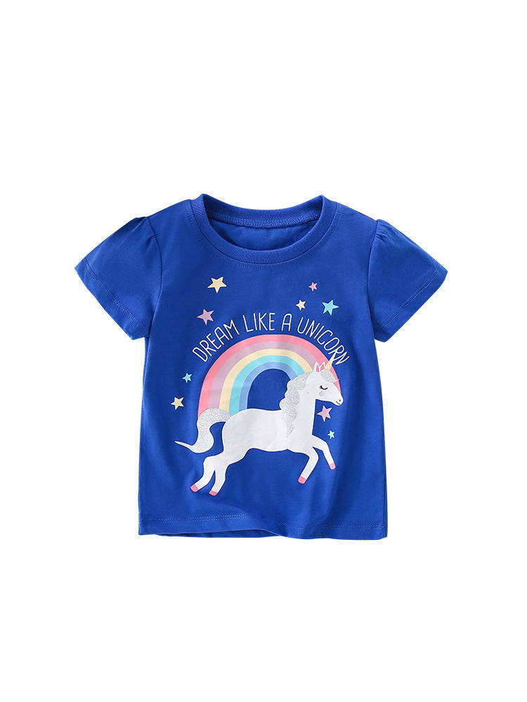 Girls’ Cartoon Rainbow Unicorn Print Short Sleeves T-Shirt in blue, featuring a colorful unicorn design, perfect for summer wear.