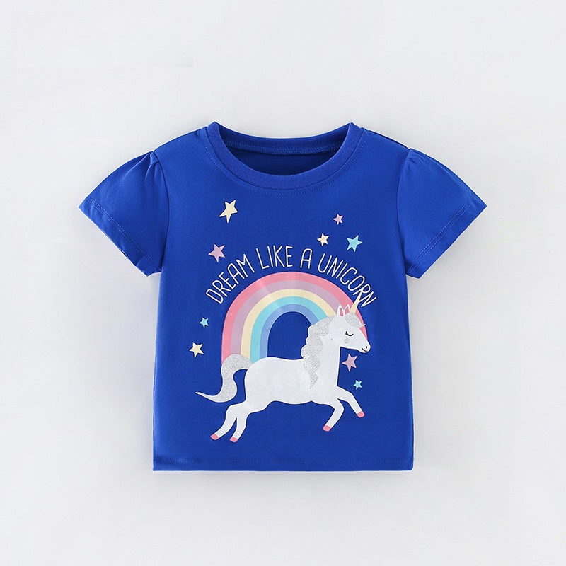 Girls’ Cartoon Rainbow Unicorn Print Short Sleeves T-Shirt in blue, featuring a colorful unicorn design, perfect for summer wear.