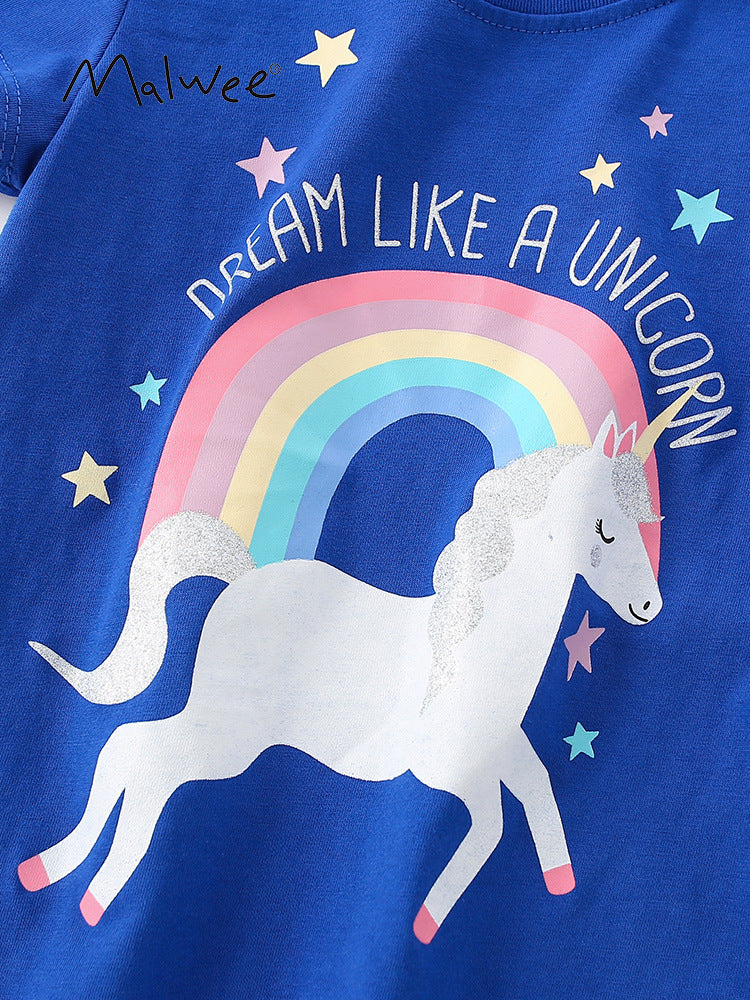 Girls’ Cartoon Rainbow Unicorn Print Short Sleeves T-Shirt in blue, featuring a colorful unicorn design, perfect for summer wear.