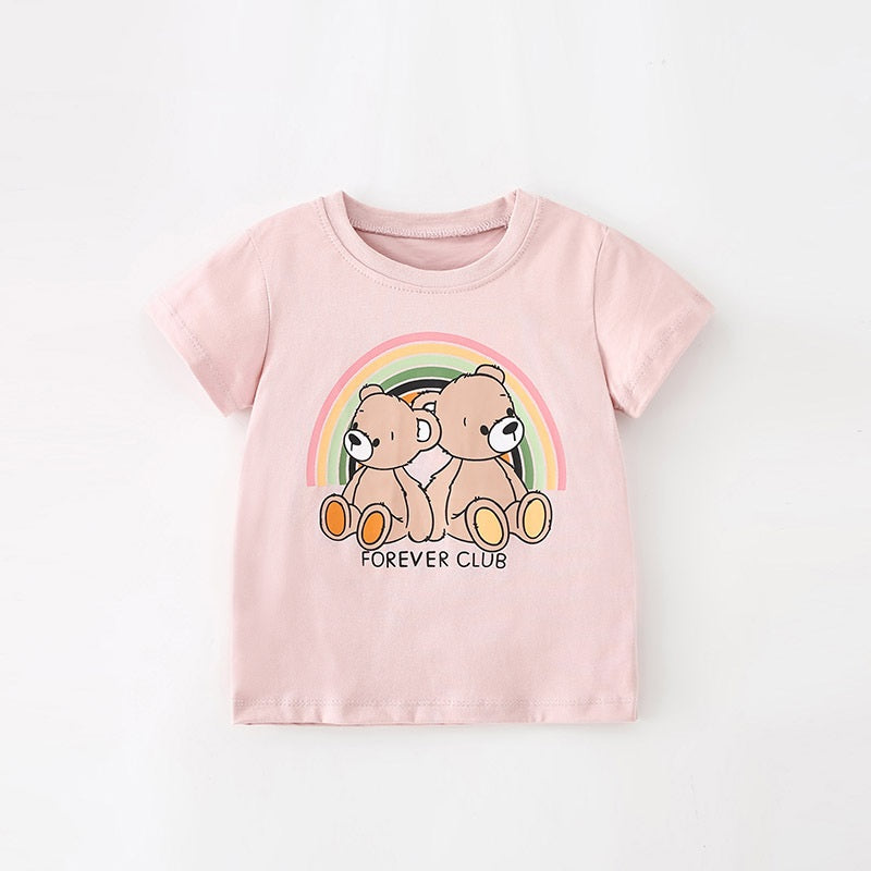 Girls’ pink short sleeves t-shirt featuring a cute cartoon teddy bear pattern, perfect for summer wear.