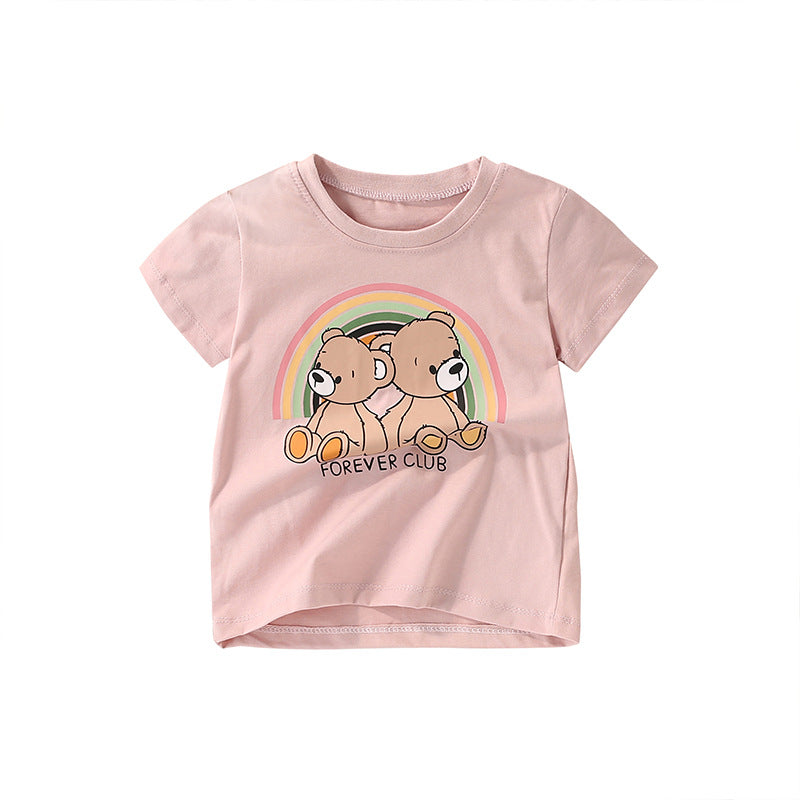 Girls’ pink short sleeves t-shirt featuring a cute cartoon teddy bear pattern, perfect for summer wear.