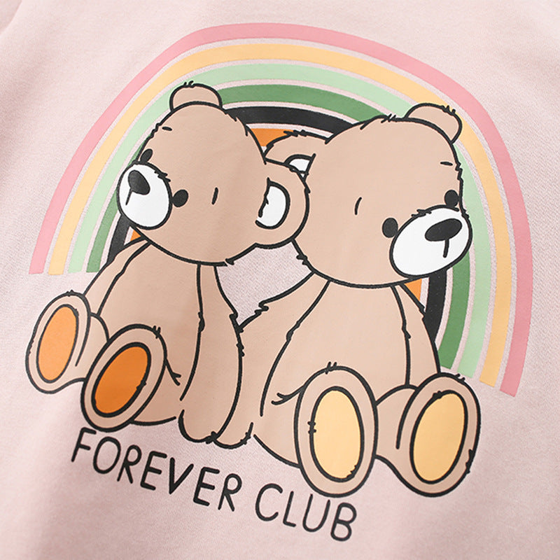 Girls’ pink short sleeves t-shirt featuring a cute cartoon teddy bear pattern, perfect for summer wear.