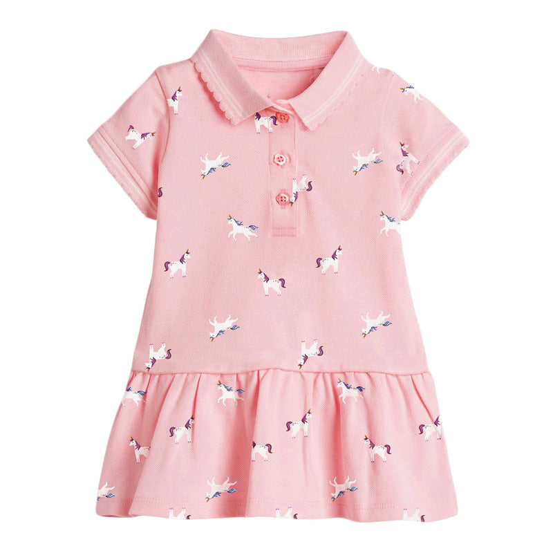 Girls’ Collar Flip Cartoon Children’s Polo Dress in red, pink, and blue colors, made from soft cotton, featuring a playful cartoon pattern.