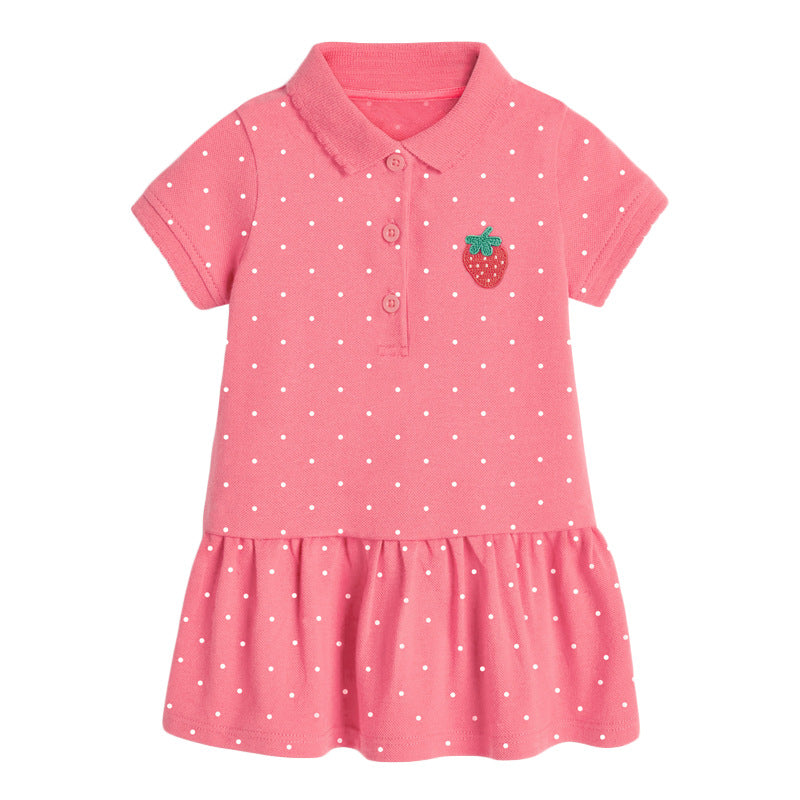 Girls’ Collar Flip Cartoon Children’s Polo Dress in red, pink, and blue colors, made from soft cotton, featuring a playful cartoon pattern.