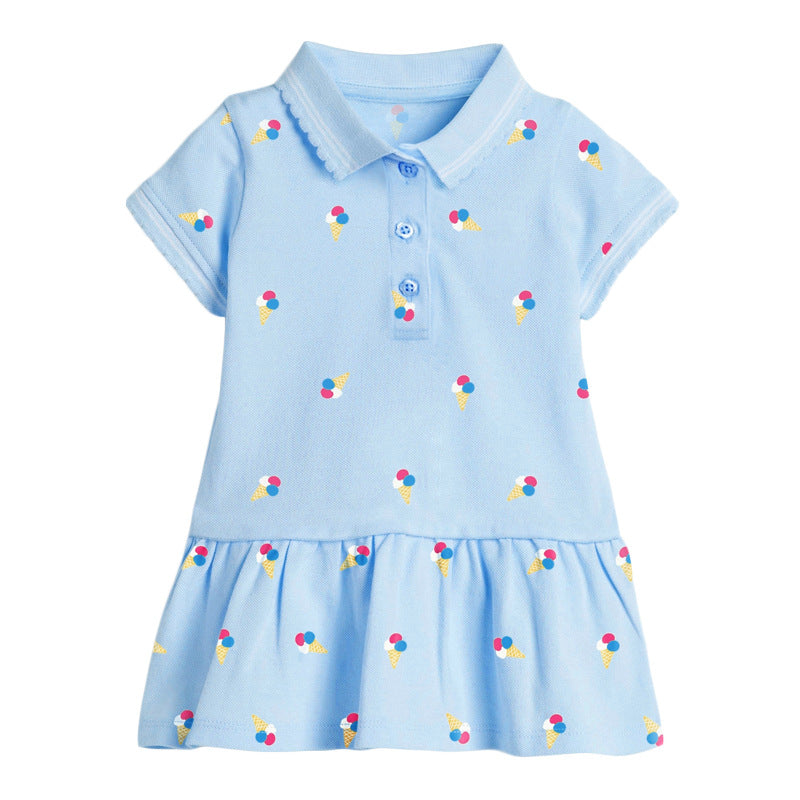 Girls’ Collar Flip Cartoon Children’s Polo Dress in red, pink, and blue colors, made from soft cotton, featuring a playful cartoon pattern.