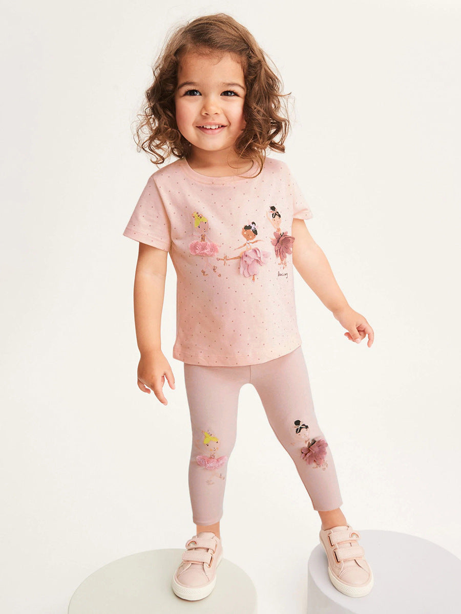 Girls Dancers Cartoon Collection T-Shirt and Pants Set in pink, featuring playful cartoon designs, suitable for young girls.