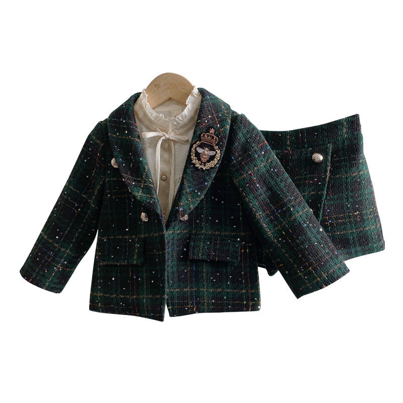 Girls Dark Green Plaid With Dots Open Front Cardigan and Skirt Set, perfect for autumn and winter fashion.