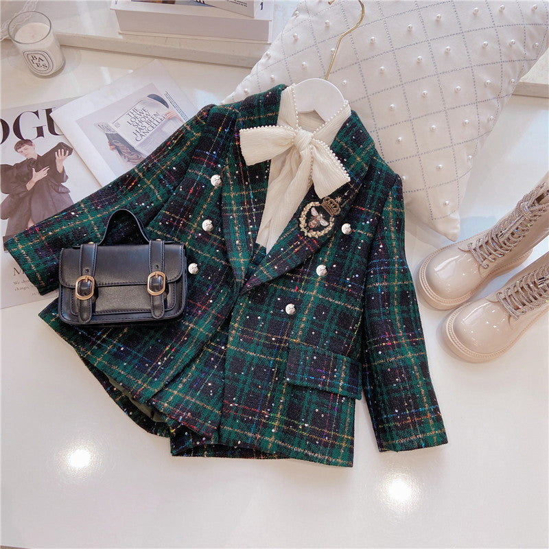 Girls Dark Green Plaid With Dots Open Front Cardigan and Skirt Set, perfect for autumn and winter fashion.