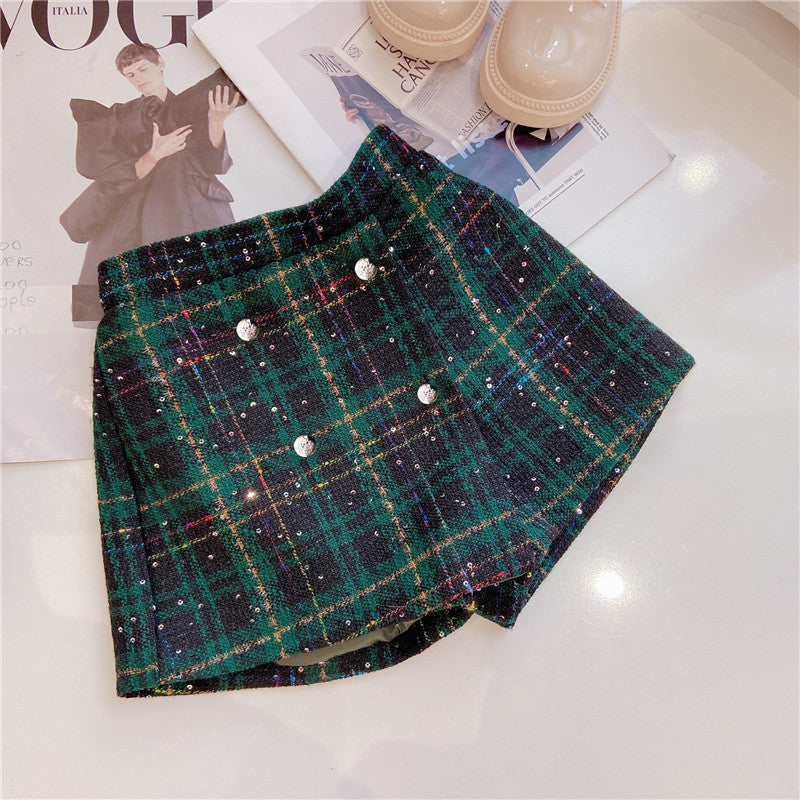 Girls Dark Green Plaid With Dots Open Front Cardigan and Skirt Set, perfect for autumn and winter fashion.