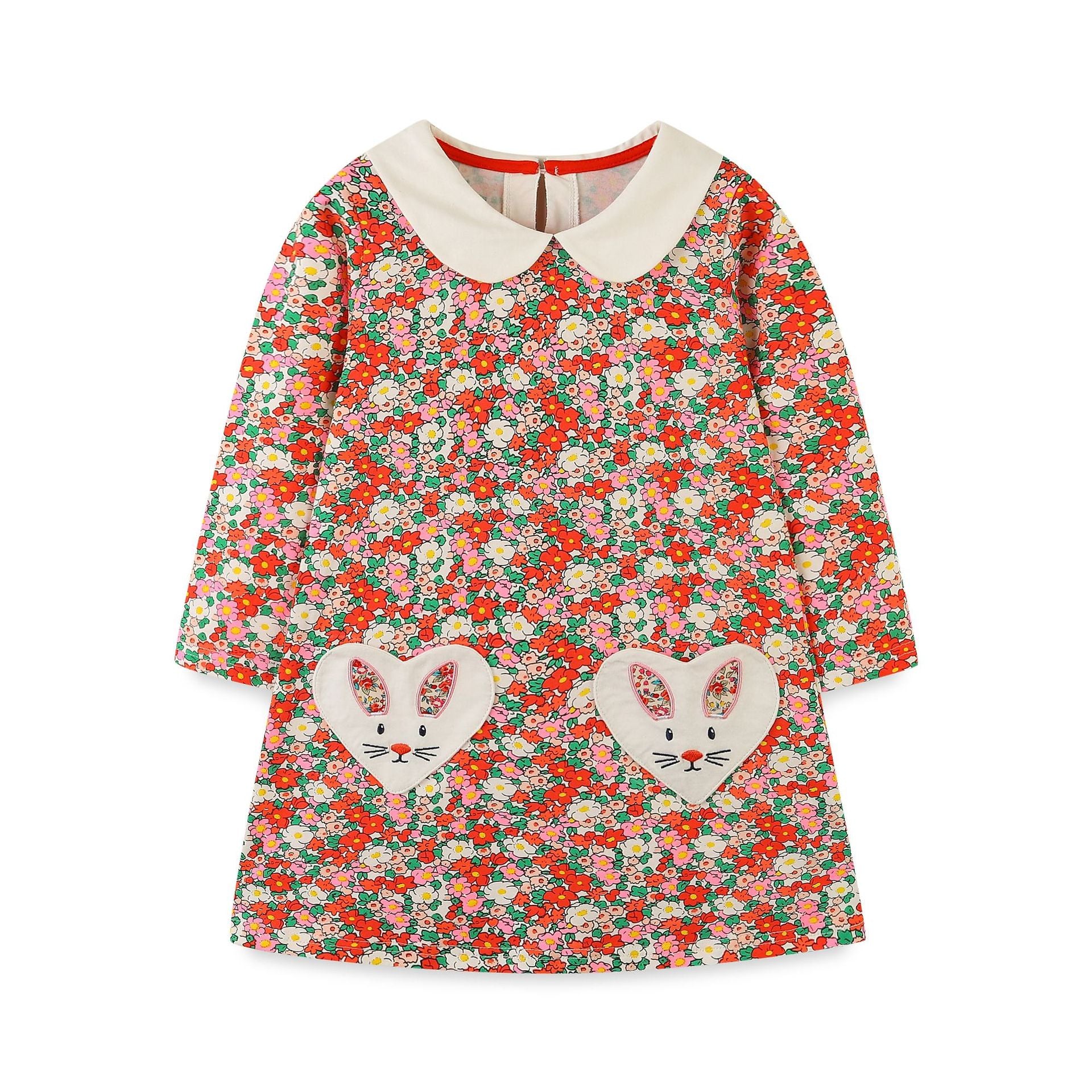 Girls’ European-American Style Peter Pan Collar Dress in white and red colors, featuring a stylish collar and floral patterns.