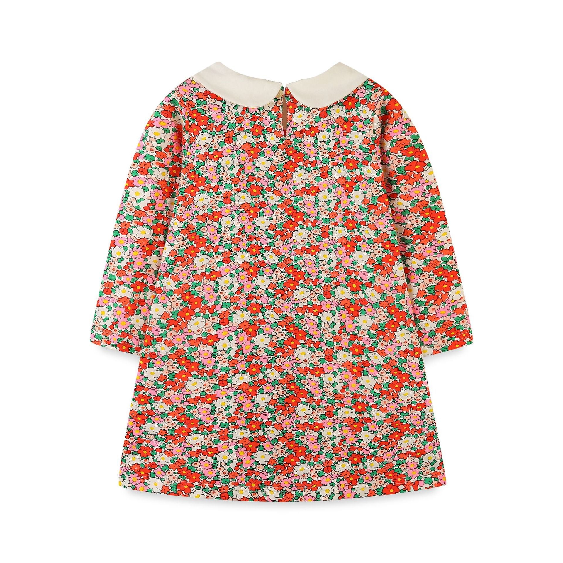 Girls’ European-American Style Peter Pan Collar Dress in white and red colors, featuring a stylish collar and floral patterns.