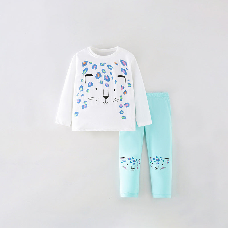 Girls Fashion Cartoon Printing Design Top and Pattern Pants Sets in blue with playful cartoon designs and dots, perfect for young girls.