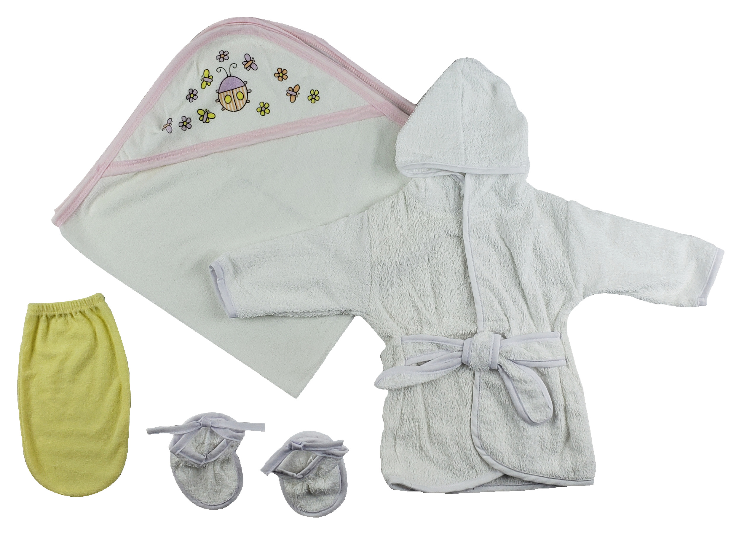 Girls Infant Robe, Hooded Towel, and Washcloth Mitt set featuring soft cotton fabric in a cozy design, perfect for newborns.