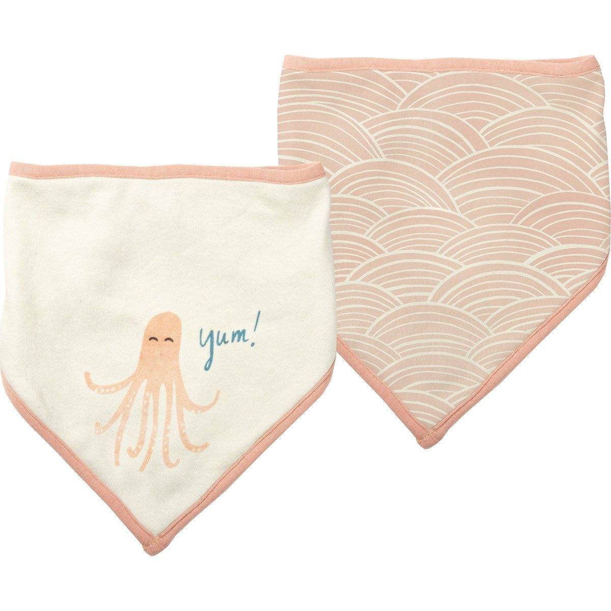 Girls Octopus Bib 2 piece set featuring pink bandana-style bibs with octopus and wave print designs.