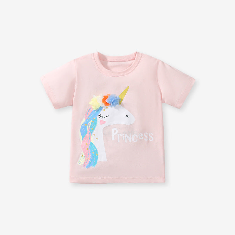 Girls’ Princess Unicorn Cartoon Print Short Sleeves T-Shirt in pink, featuring a colorful unicorn design, perfect for summer wear.