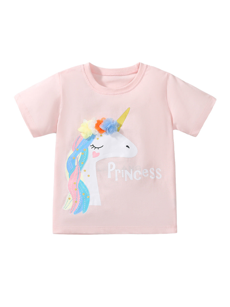 Girls’ Princess Unicorn Cartoon Print Short Sleeves T-Shirt in pink, featuring a colorful unicorn design, perfect for summer wear.