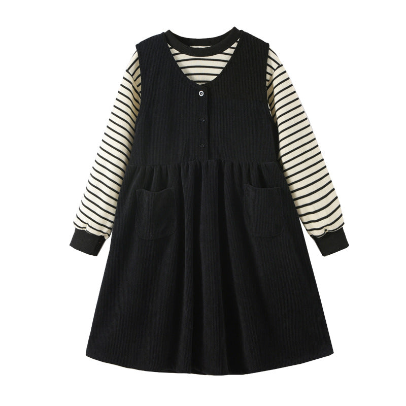 Girls Striped Pullover Tops Black Dress Sets featuring a stylish striped pattern and comfortable fit, perfect for casual wear.