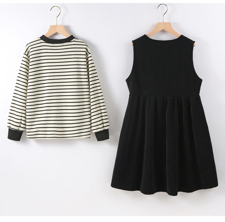 Girls Striped Pullover Tops Black Dress Sets featuring a stylish striped pattern and comfortable fit, perfect for casual wear.