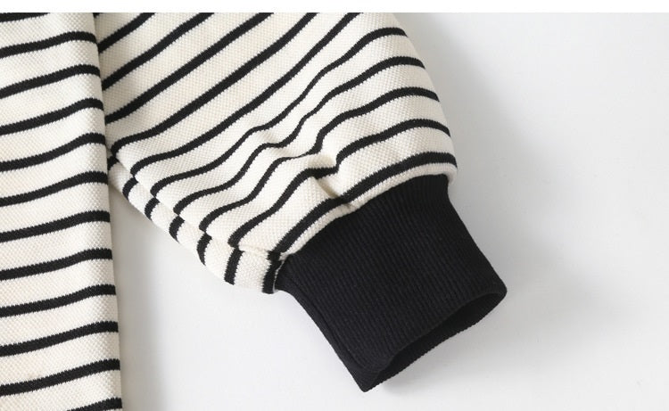 Girls Striped Pullover Tops Black Dress Sets featuring a stylish striped pattern and comfortable fit, perfect for casual wear.