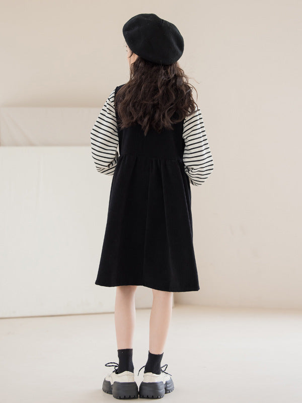 Girls Striped Pullover Tops Black Dress Sets featuring a stylish striped pattern and comfortable fit, perfect for casual wear.