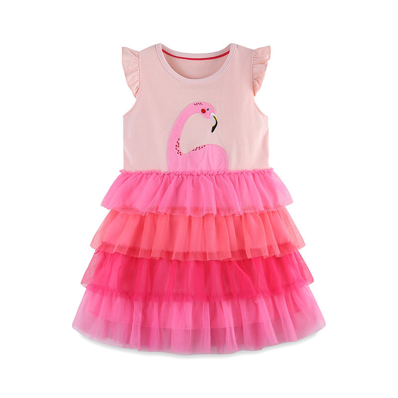 Girls Summer Cartoon Applique Sleeveless Dress in vibrant pink with gradient mesh design and cute cartoon appliques.