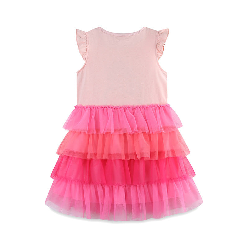 Girls Summer Cartoon Applique Sleeveless Dress in vibrant pink with gradient mesh design and cute cartoon appliques.