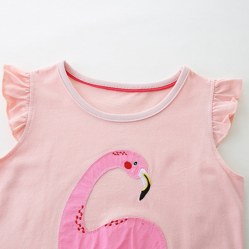 Girls Summer Cartoon Applique Sleeveless Dress in vibrant pink with gradient mesh design and cute cartoon appliques.