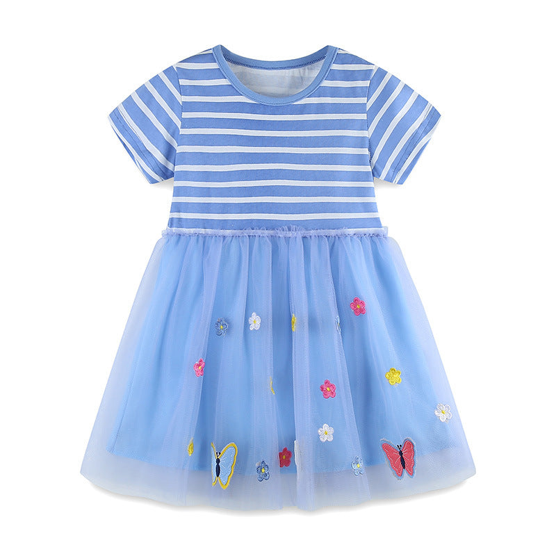 Girls Summer Striped Applique Dress in blue mesh design with short sleeves, featuring a playful cartoon pattern.