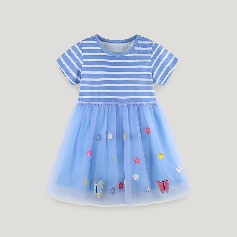 Girls Summer Striped Applique Dress in blue mesh design with short sleeves, featuring a playful cartoon pattern.