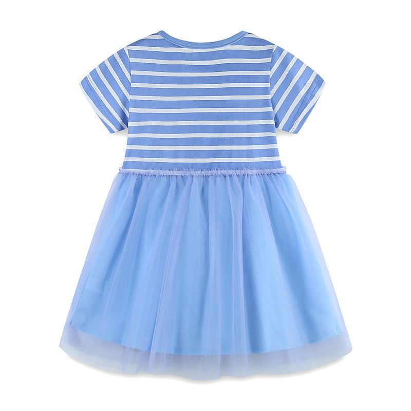 Girls Summer Striped Applique Dress in blue mesh design with short sleeves, featuring a playful cartoon pattern.