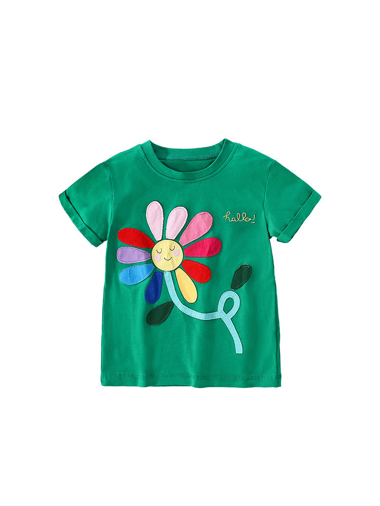 Girls’ Sunflower Cartoon Pattern Short Sleeves T-Shirt in green, featuring a vibrant sunflower design, perfect for summer wear.