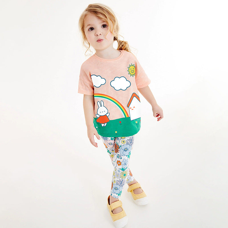 Girls Sunny Day Cartoon T-Shirt and Floral Pants Set in pink, featuring a playful cartoon design and floral patterns, perfect for spring and summer.