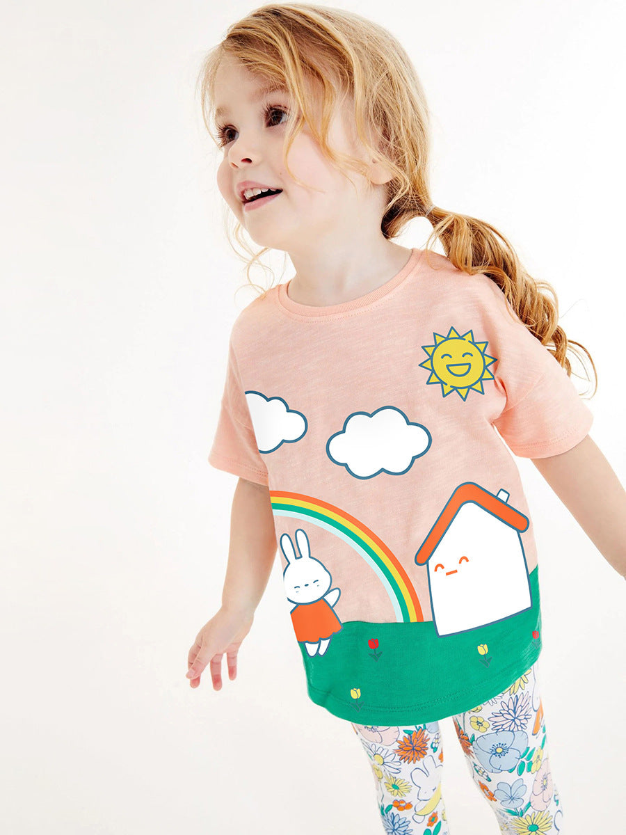 Girls Sunny Day Cartoon T-Shirt and Floral Pants Set in pink, featuring a playful cartoon design and floral patterns, perfect for spring and summer.