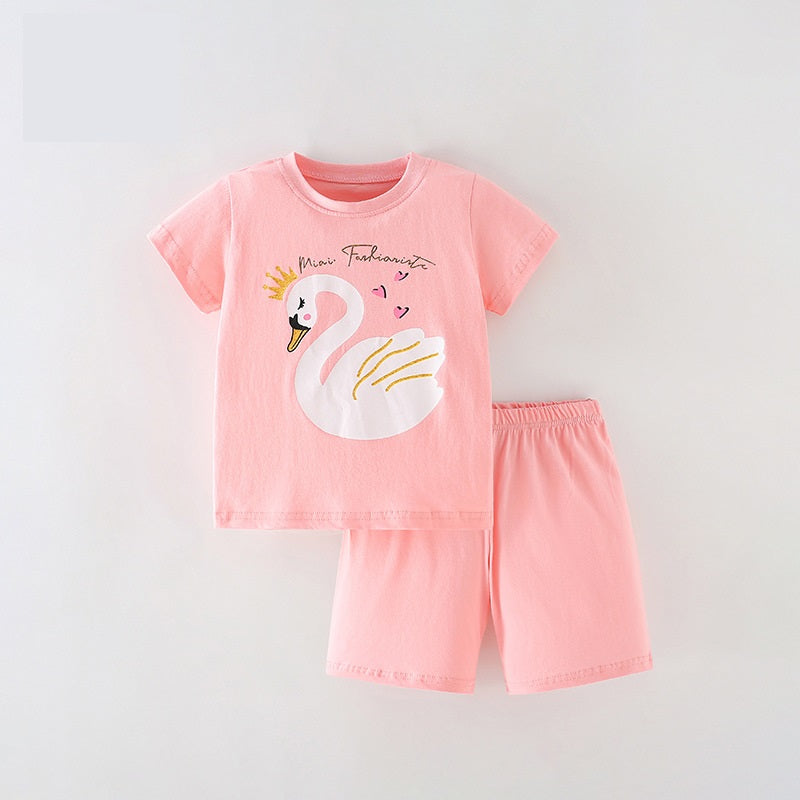 Girls Swan Queen Print T-Shirt and Shorts Set in pink, featuring a whimsical swan design, perfect for summer wear.