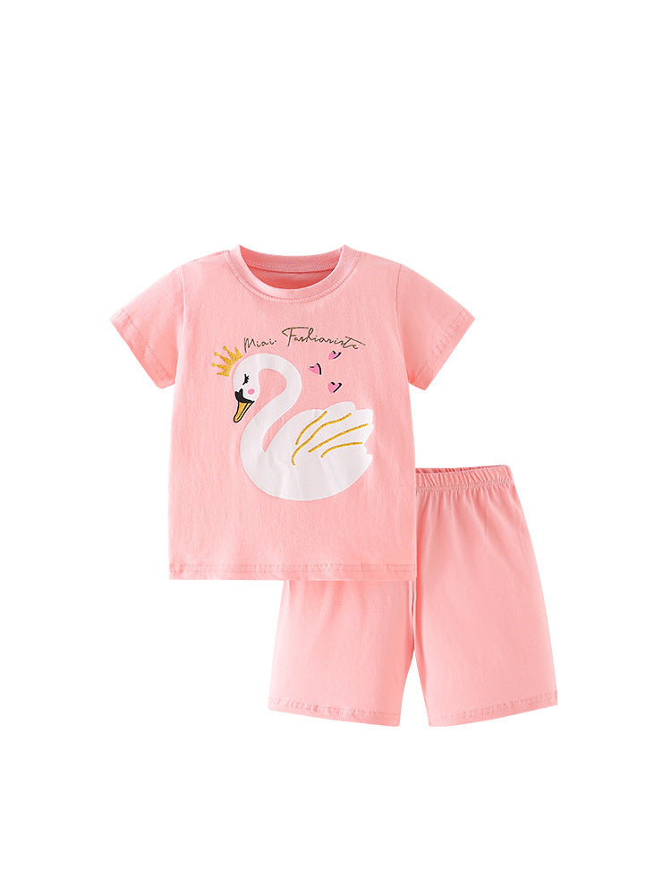 Girls Swan Queen Print T-Shirt and Shorts Set in pink, featuring a whimsical swan design, perfect for summer wear.