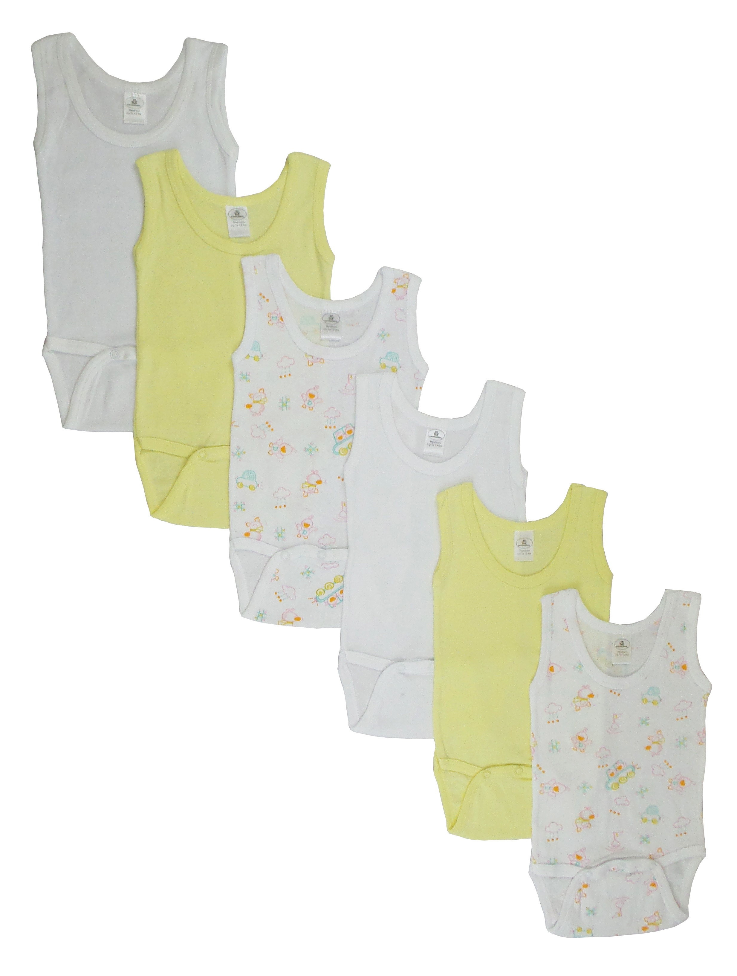 A colorful assortment of Girls Tank Top Onezies in various prints, showcasing their sleeveless design and soft cotton fabric.