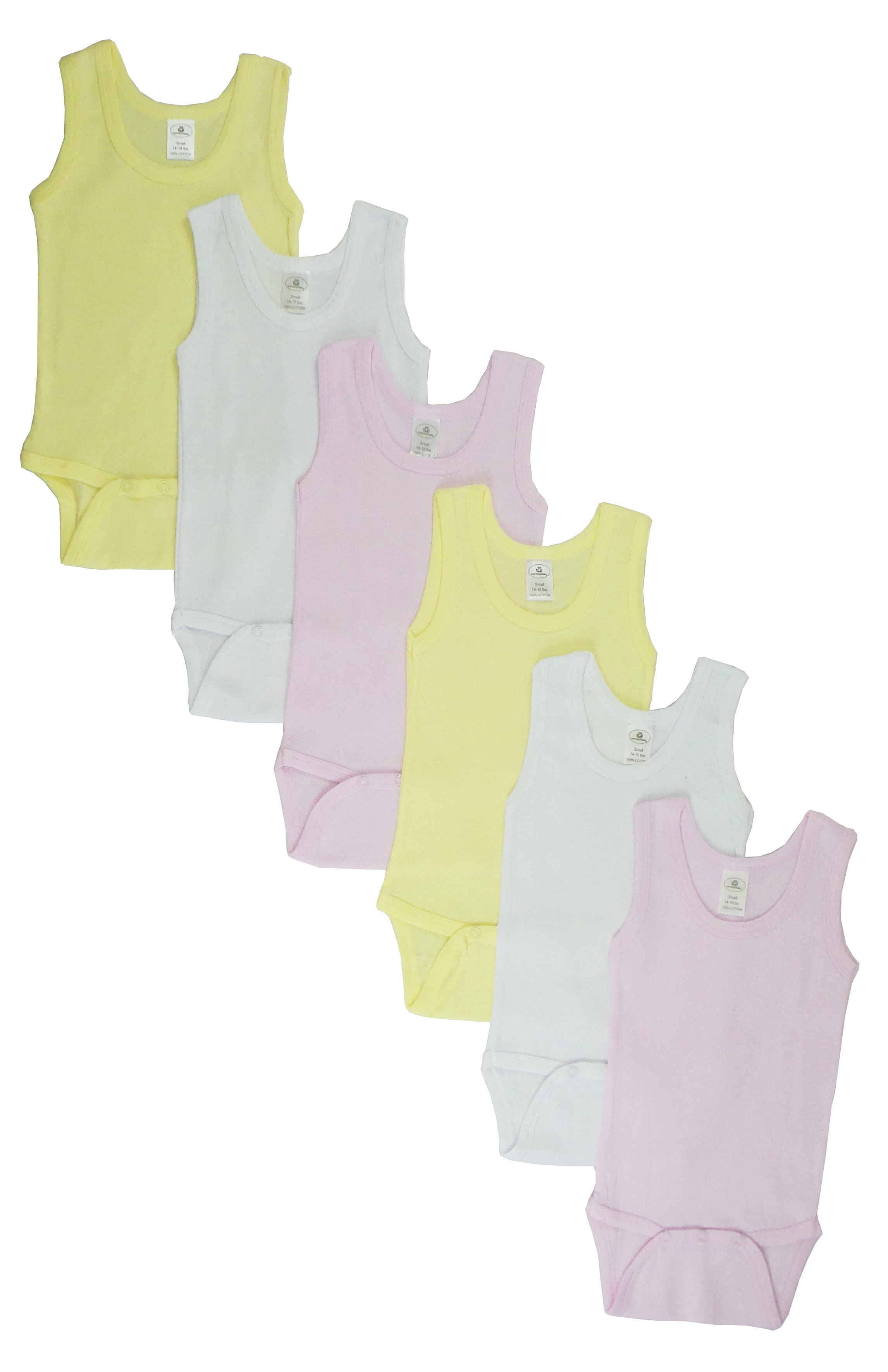 A colorful pack of girls' tank top onezies in pink, white, and yellow, made from soft cotton fabric, perfect for spring and summer wear.