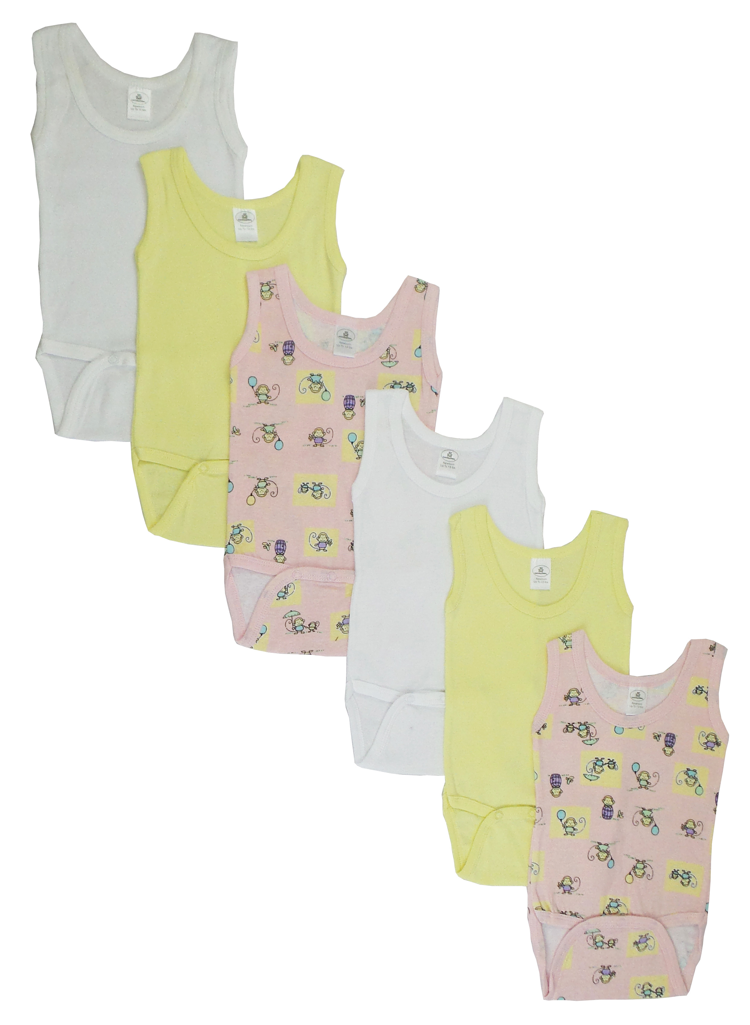 A colorful assortment of girls tank top onezies in various fun prints, showcasing the soft cotton fabric and expandable shoulder design.