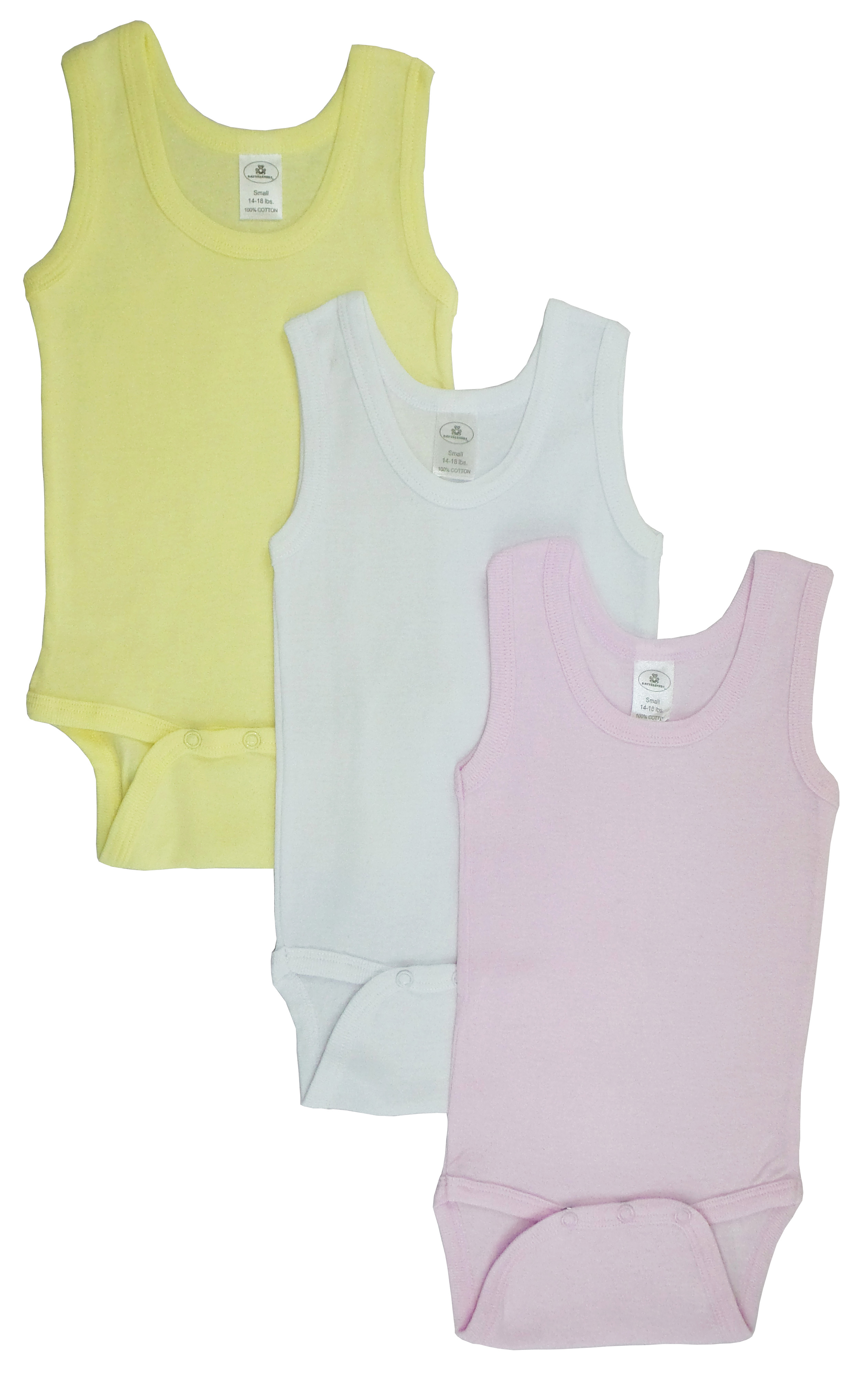 Pack of 3 Girls Tank Top Onezies in pink, white, and yellow, made from 100% cotton rib knit fabric, featuring expandable neckline and snap closure.