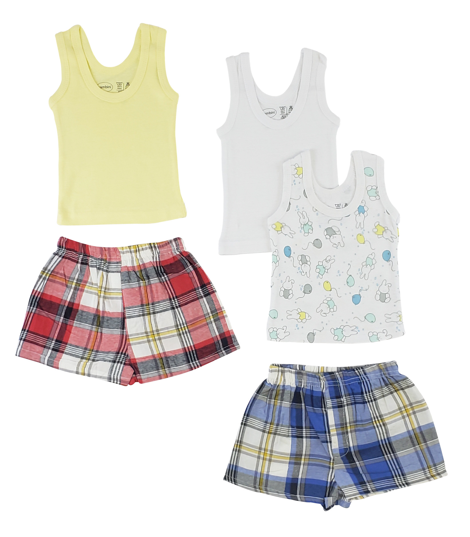 A collection of colorful girls tank tops and boxer shorts made from 100% cotton, showcasing their soft fabric and versatile styles.