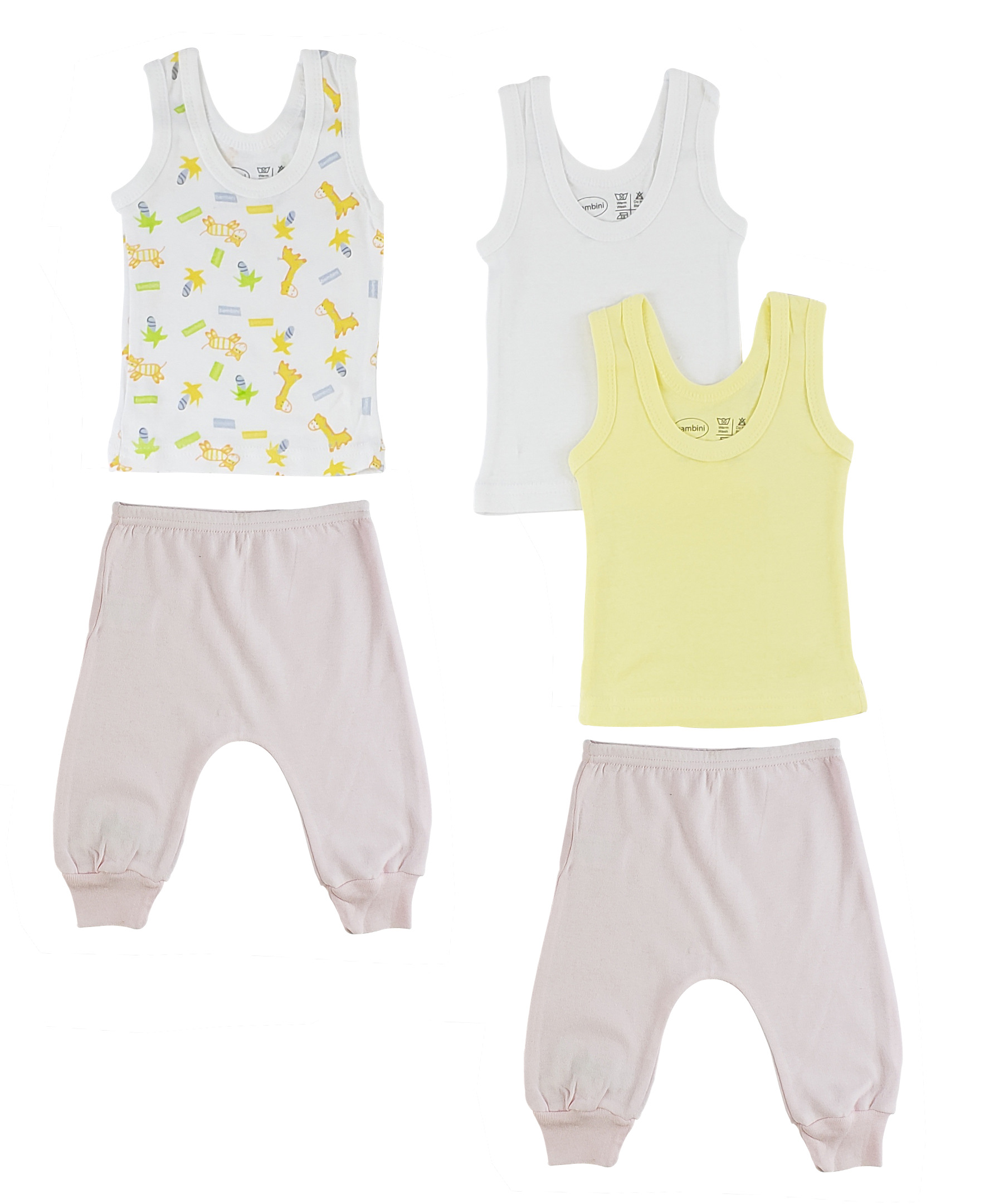 A collection of girls tank tops and joggers in various colors, showcasing the soft cotton fabric and sleeveless design.