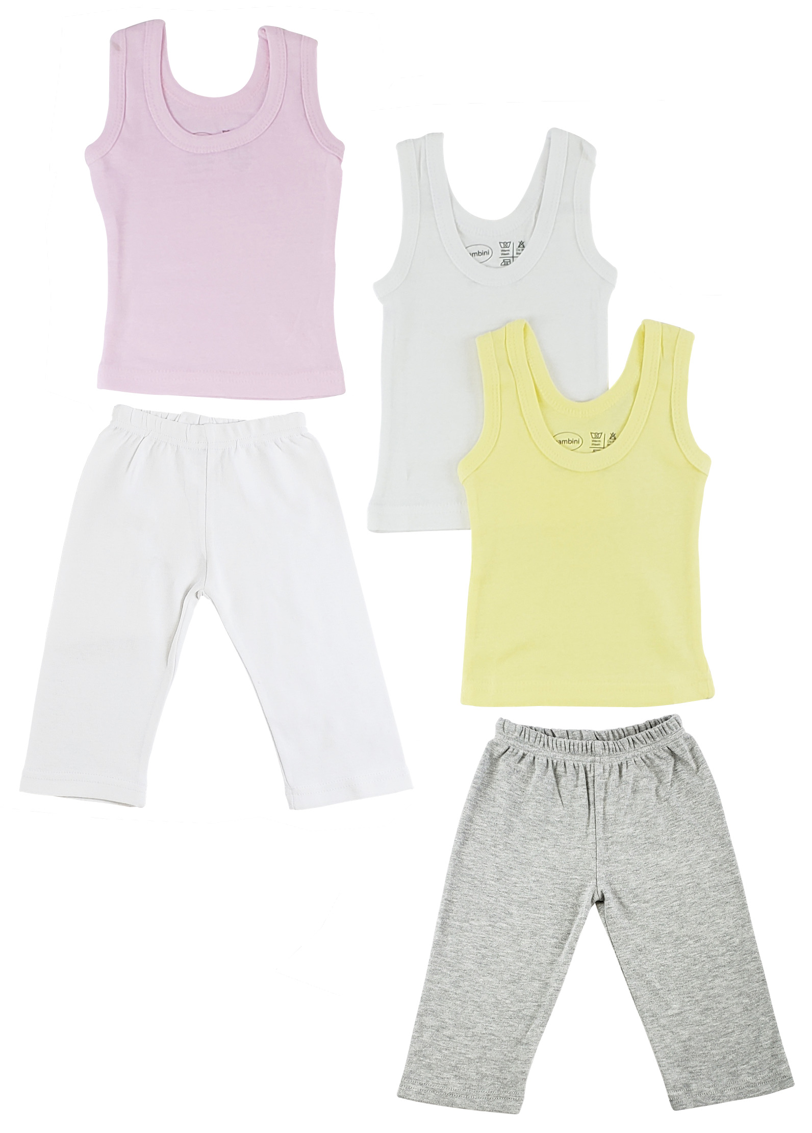 A collection of girls' sleeveless tank tops and track sweatpants in various colors, made from 100% cotton, displayed neatly.