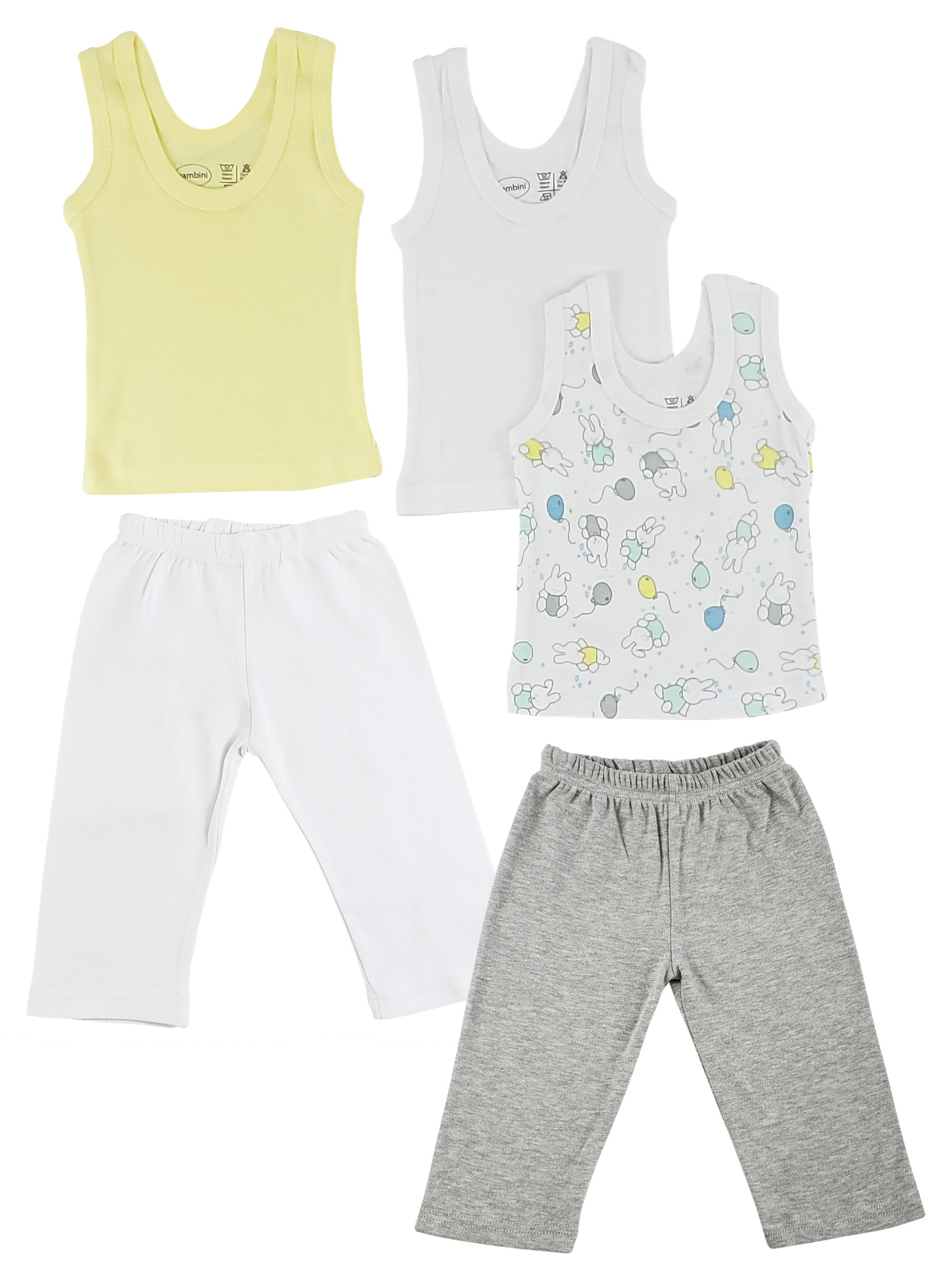 A collection of girls' sleeveless tank tops in various colors and matching track sweatpants, all made from 100% cotton fabric.