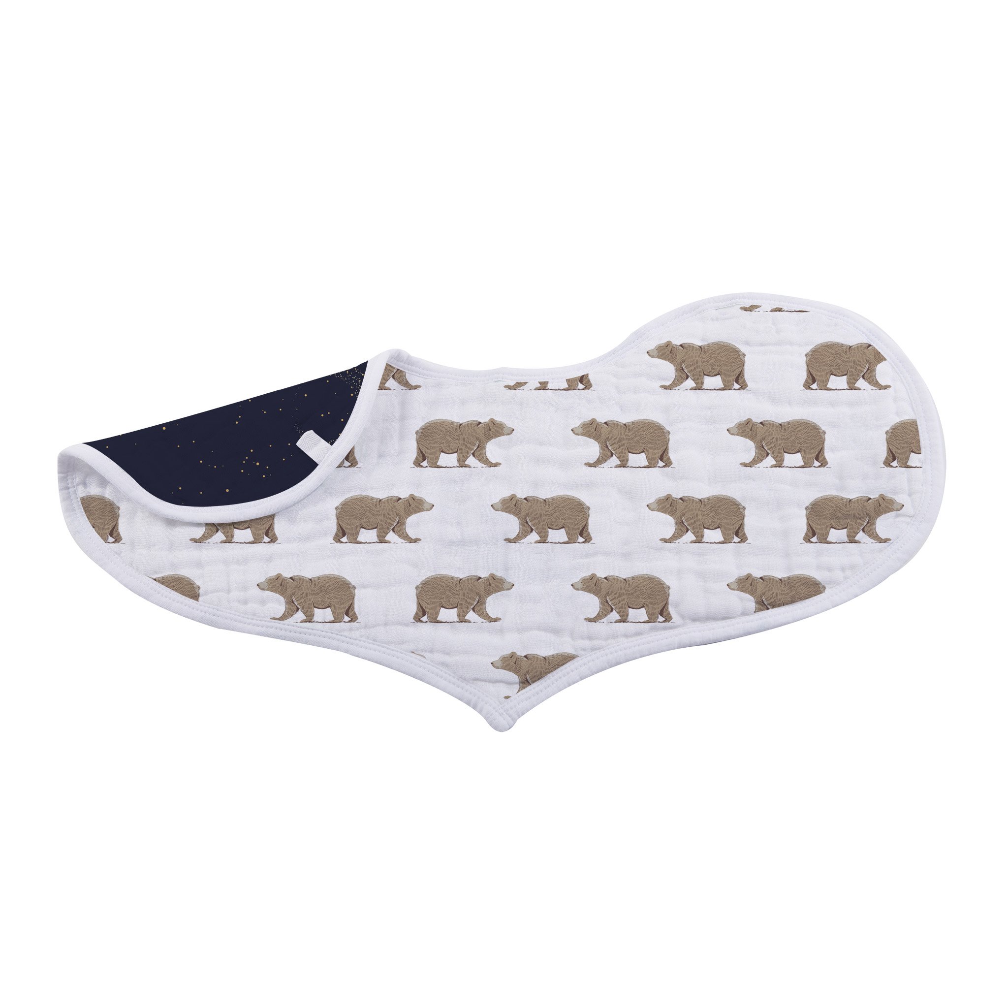 Goodnight Bear Bamboo Burp Cloth Bibs in a stylish design, made from soft and absorbent bamboo muslin, featuring a snap closure.