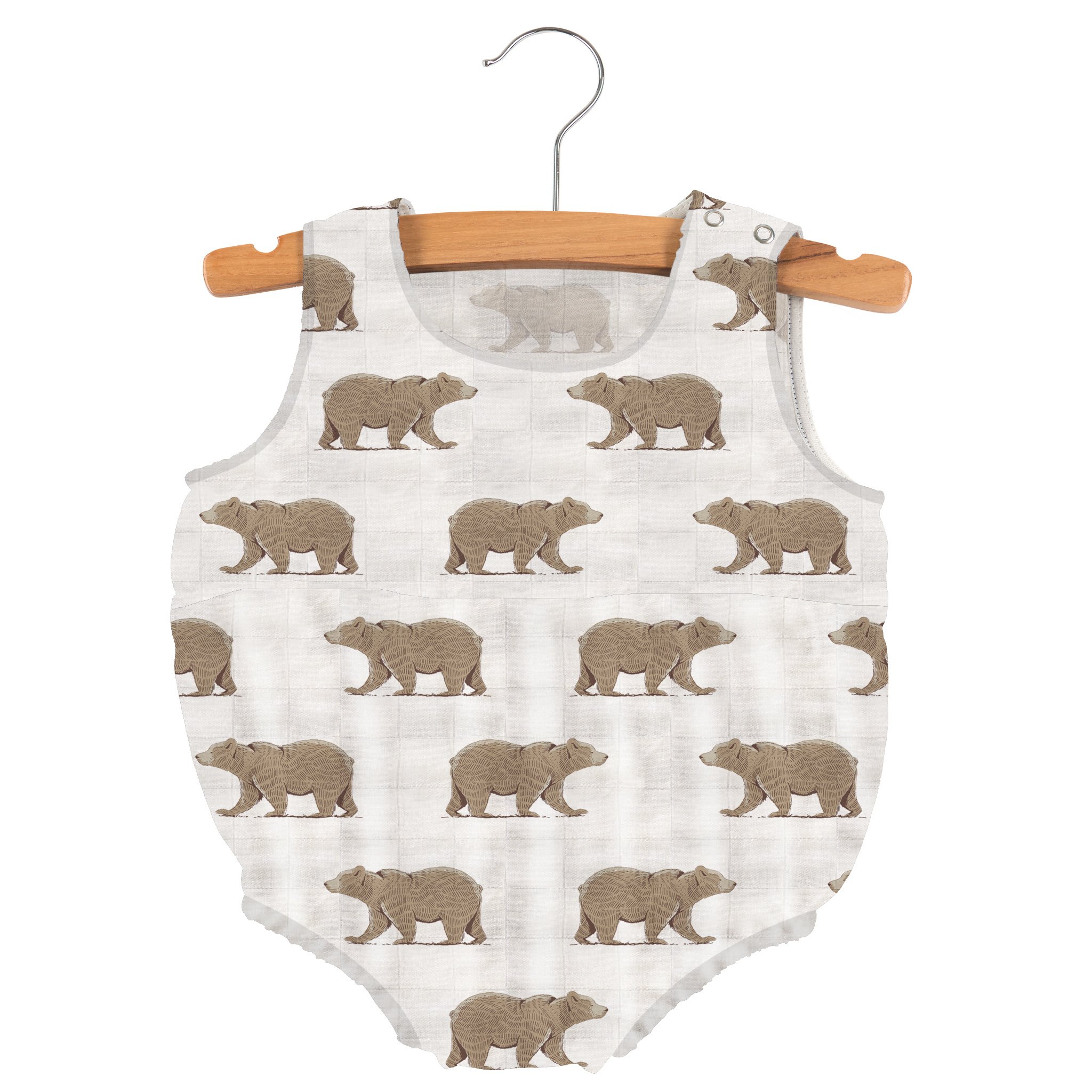 Goodnight Bear Bamboo Newcastle Mini Bubble in soft bamboo muslin, featuring snaps for easy diaper changes and a gentle neckline.