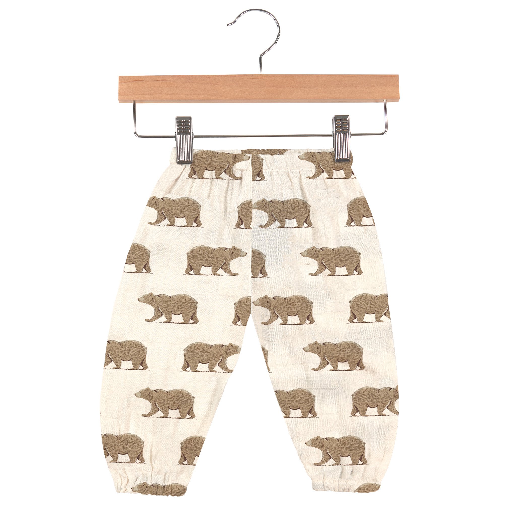 Goodnight Bear Bamboo Newcastle Mini Pants made from soft bamboo muslin, featuring an elastic waistband and a lightweight design for babies.